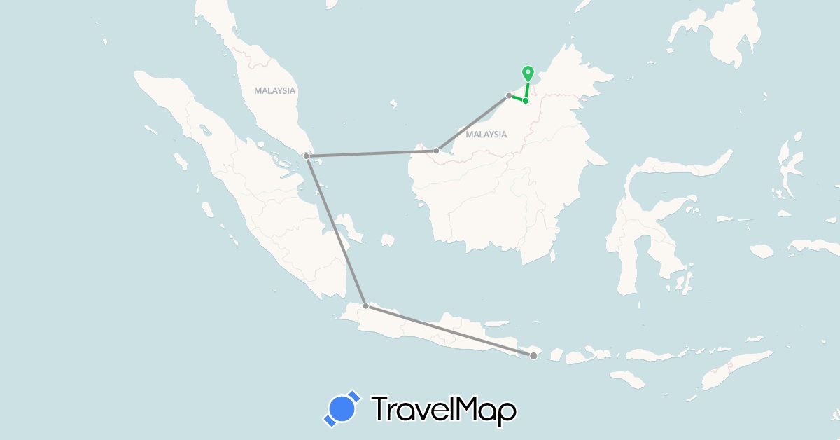 TravelMap itinerary: driving, bus, plane in Brunei, Indonesia, Malaysia, Singapore (Asia)
